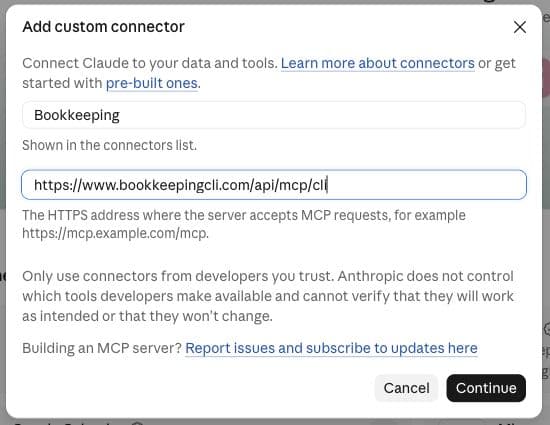 Claude custom connector form with the Bookkeeping remote MCP URL