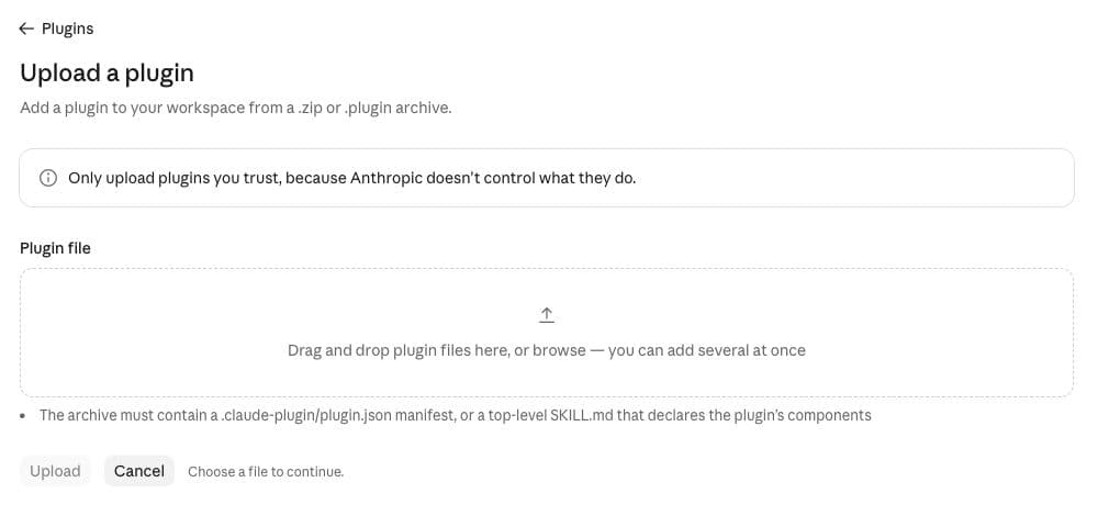 Claude Upload a plugin screen accepting a ZIP archive