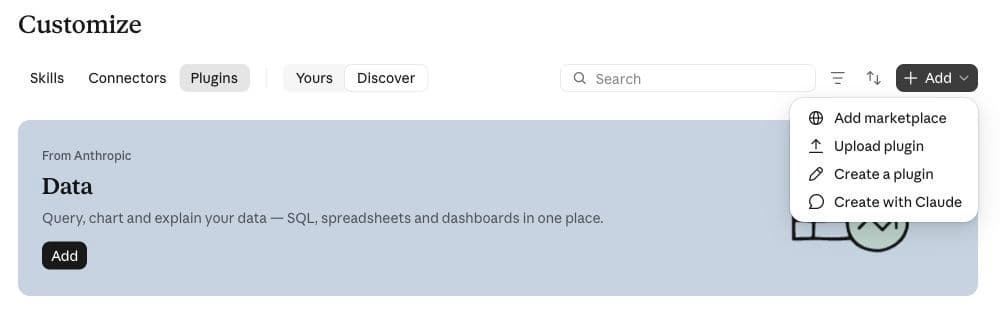 Claude Customize Plugins with Add menu open and Upload plugin visible